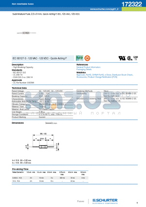 172322 datasheet - Subminiature Fuse, 2.3 x 8 mm, Quick-Acting F, IEC, 125 VAC, 125 VDC