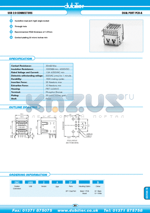 DBCUSB2ADPW datasheet - USB 2.0 CONNECTORS DUAL PORT PCB-A