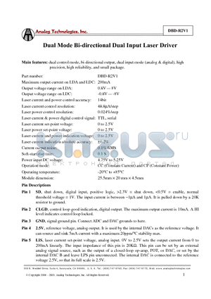 DBD-R2V1 datasheet - Dual Mode Bi-directional Dual Input Laser Driver