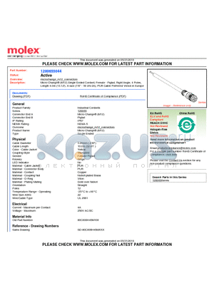 80C000H45M100 datasheet - Micro-Change (M12) Single-Ended Cordset, Female - Pigtail, Right Angle, 4 Poles,Length 4.0m (13.12 )
