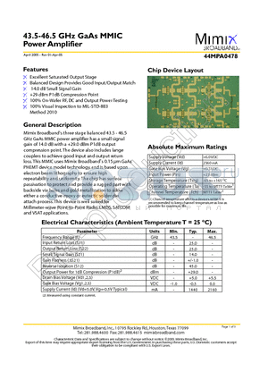 44MPA0478 datasheet - 43.5-46.5 GHz GaAs MMIC Power Amplifier