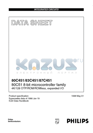 80C451 datasheet - 80C51 8-bit microcontroller family 4K/128 OTP/ROM/ROMless, expanded I/O