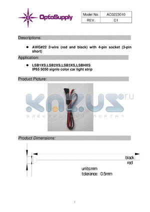 AC0223010 datasheet - AWG#22 2-wire (red and black) with 4-pin socket (3-pin short)