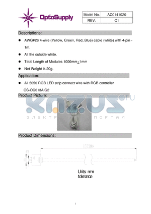 AC0141020 datasheet - AWG#26 4-wire (Yellow, Green, Red, Blue) cable (white) with 4-pin - 1m.