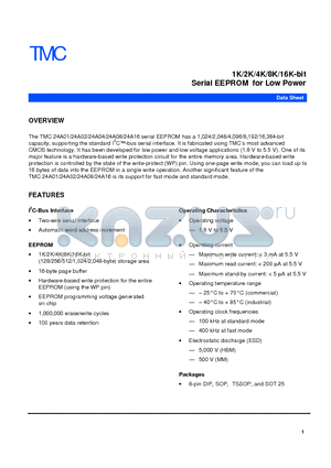 24A02 datasheet - 1K/2K/4K/8K/16K-bit Serial EEPROM for Low Power