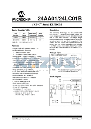 24AA01-E/PG datasheet - 1K I2C Serial EEPROM