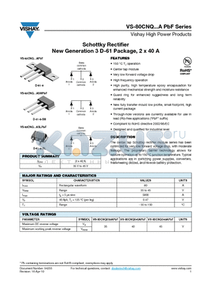 80CNQ040A datasheet - Schottky Rectifier New Generation 3 D-61 Package, 2 x 40 A