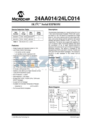 24AA014-I/MNY datasheet - 1K I2C Serial EEPROM