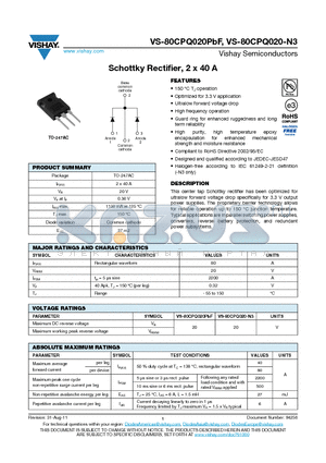 80CPQ020-N3 datasheet - Schottky Rectifier, 2 x 40 A