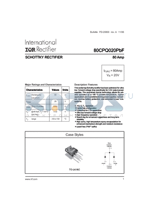 80CPQ020PBF datasheet - SCHOTTKY RECTIFIER 80 Amp