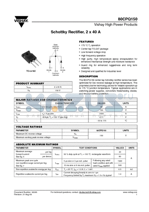80CPQ150 datasheet - Schottky Rectifier, 2 x 40 A