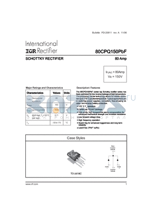 80CPQ150PBF datasheet - SCHOTTKY RECTIFIER 80 Amp
