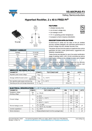 80CPU02-F3 datasheet - Hyperfast Rectifier, 2 x 40 A FRED Pt