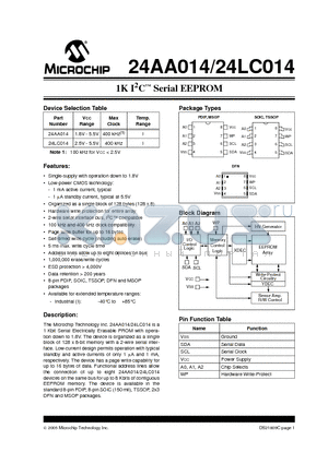 24AA014T-I/ST datasheet - 1K I2C Serial EEPROM