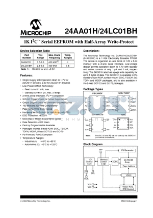 24AA01H datasheet - 1K I2C Serial EEPROM with Half-Array Write-Protect