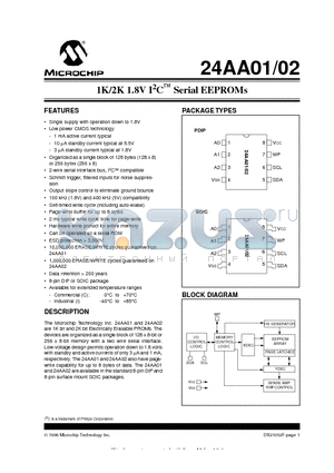 24AA01IP datasheet - 1K/2K 1.8V I 2 C O Serial EEPROMs