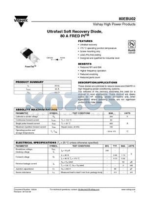 80EBU02 datasheet - Ultrafast Soft Recovery Diode, 80 A FRED PtTM
