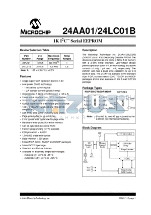 24AA01T-I/MSG datasheet - 1K I2C Serial EEPROM