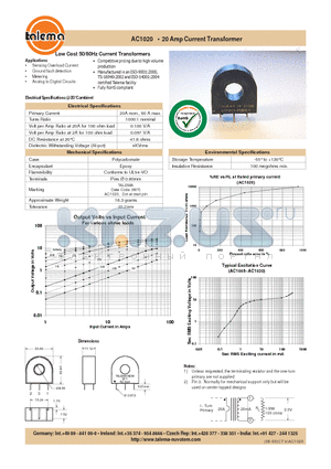 AC1020 datasheet - 20 Amp Current Transformer