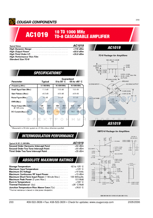 AC1019 datasheet - 10 TO 1000 MHz TO-8 CASCADABLE AMPLIFIER