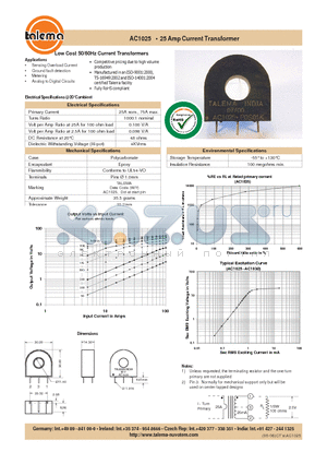 AC1025 datasheet - 25 Amp Current Transformer