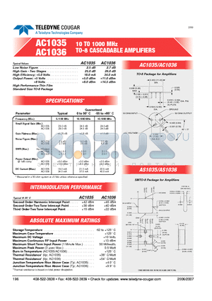 AC1036 datasheet - 10 TO 1000 MHz TO-8 CASCADABLE AMPLIFIERS