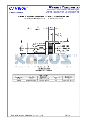 450-1801 datasheet - Knurl mount socket, for .040 (1,02) diameter pins