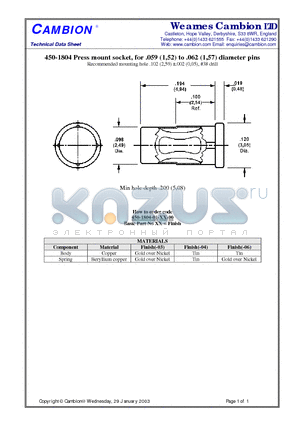 450-1804 datasheet - Press mount socket, for .059 (1,52) to .062 (1,57) diameter pins