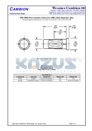 450-1806 datasheet - Press mount socket, for .080 (2,03) diameter pins