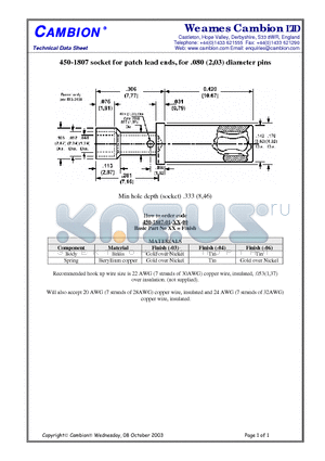 450-1807 datasheet - socket for patch lead ends, for .080 (2,03) diameter pins