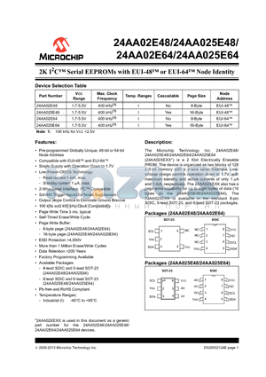 24AA025E48 datasheet - 2K I2C Serial EEPROMs with EUI-48 or EUI-64 Node Identity