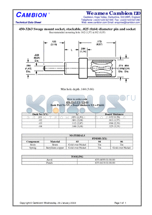 450-3263 datasheet - Swage mount socket, stackable, .025 (0,64) diameter pin and socket