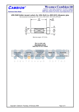 450-3268 datasheet - Solder mount socket, for .016 (0,41) to .020 (0,51) diameter pins