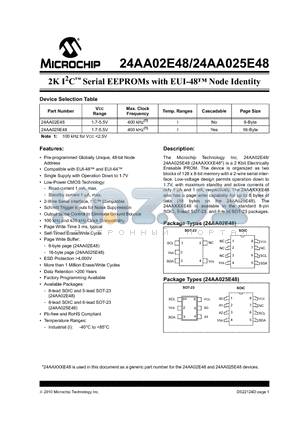 24AA025E48T datasheet - 2K I2C Serial EEPROMs with EUI-48 Node Identity