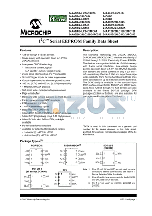 24AA025 datasheet - I2C Serial EEPROM Family Data Sheet