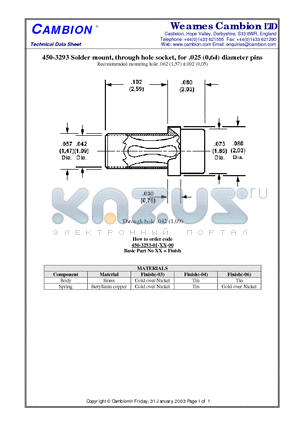 450-3293 datasheet - Solder mount, through hole socket, for .025 (0,64) diameter pins