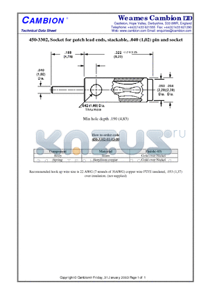 450-3302 datasheet - Socket for patch lead ends, stackable, .040 (1,02) pin and socket