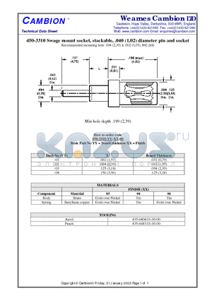 450-3310 datasheet - Swage mount socket, stackable, .040 (1,02) diameter pin and socket