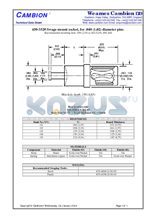 450-3320 datasheet - Swage mount socket, for .040 (1,02) diameter pins