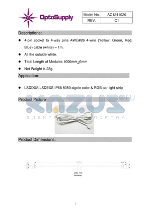 AC1241020 datasheet - 4-pin socket to 4-way pins AWG#26 4-wire (Yellow, Green, Red, Blue) cable (white)  1m.