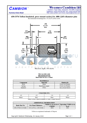 450-3374 datasheet - Teflon Insulated, press mount socket, for .080 (2,03) diameter pins