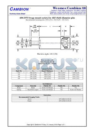 450-3375 datasheet - Swage mount socket, for .025 (0,64) diameter pins