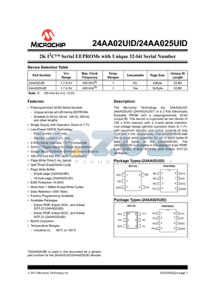 24AA025UID datasheet - 2K I2C Serial EEPROMs with Unique 32-bit Serial Number