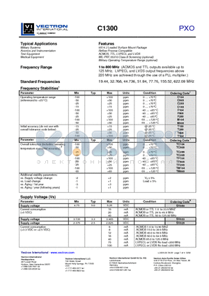 C1300 datasheet - PXO 9X14 J Leaded Surface Mount Package Reflow Process Compatible ACMOS, TTL, LVPECL and LVDS