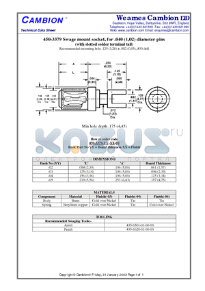 450-3379 datasheet - Swage mount socket, for .040 (1,02) diameter pins