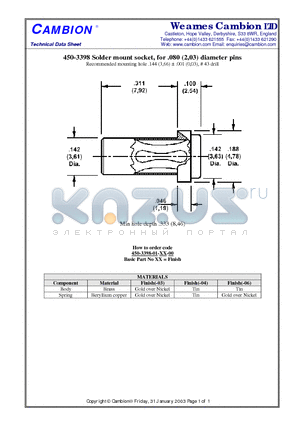 450-3398 datasheet - Solder mount socket, for .080 (2,03) diameter pins