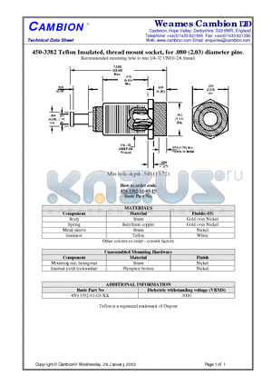 450-3382 datasheet - Teflon Insulated, thread mount socket, for .080 (2,03) diameter pins