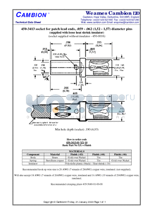 450-3413 datasheet - socket for patch lead ends, .059 - .062 (1,52 - 1,57) diameter pins