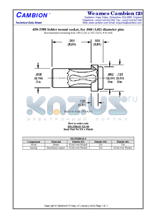 450-3388 datasheet - Solder mount socket, for .040 (1,02) diameter pins