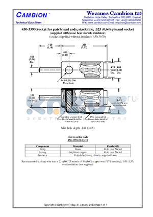 450-3390 datasheet - Socket for patch lead ends, stackable, .025 (0,64) pin and socket